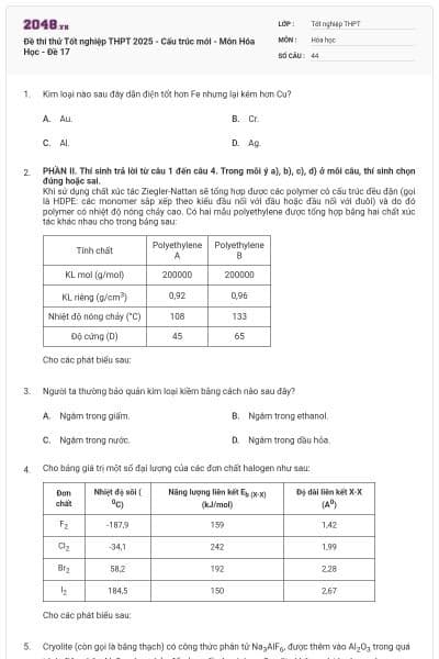 Đề thi thử Tốt nghiệp THPT 2025 - Cấu trúc mới - Môn Hóa Học - Đề 17