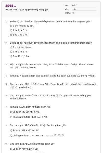 Bài tập Toán 7: Quan hệ giữa đường vuông góc