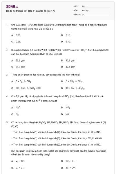 Bộ 30 đề thi học kì 1 Hóa 11 có đáp án (Đề 17)