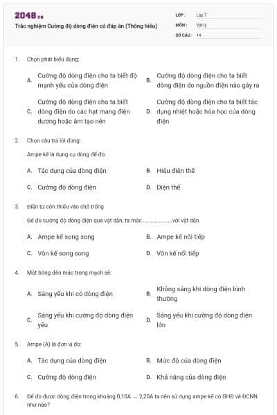 Trắc nghiệm Cường độ dòng điện có đáp án (Thông hiểu)