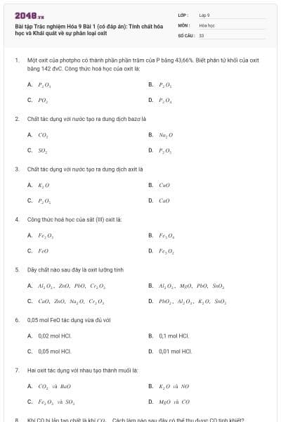 Bài tập Trắc nghiệm Hóa 9 Bài 1 (có đáp án): Tính chất hóa học và Khái quát về sự phân loại oxit