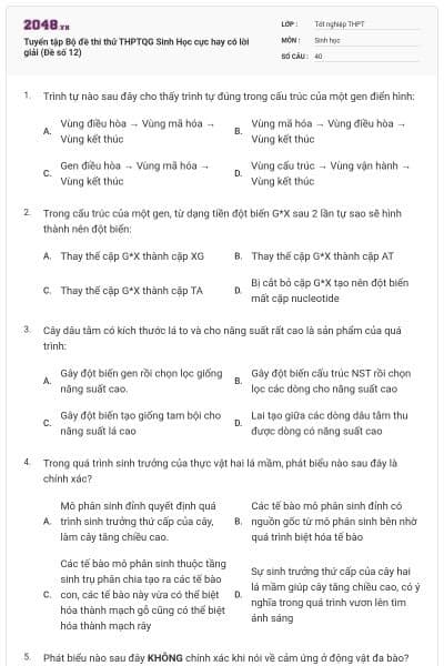 Tuyển tập Bộ đề thi thử THPTQG Sinh Học cực hay có lời giải (Đề số 12)