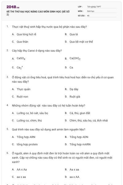 ĐỀ THI THỬ ĐẠI HỌC NÂNG CAO MÔN SINH HỌC (ĐỀ SỐ 2)