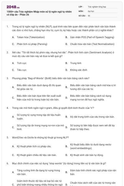 1000+ câu Trắc nghiệm Nhập môn xử lý ngôn ngữ tự nhiên có đáp án - Phần 26