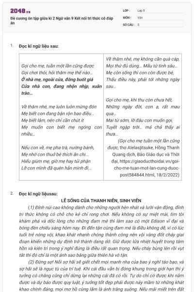 Đề cương ôn tập giữa kì 2 Ngữ văn 9 Kết nối tri thức có đáp án