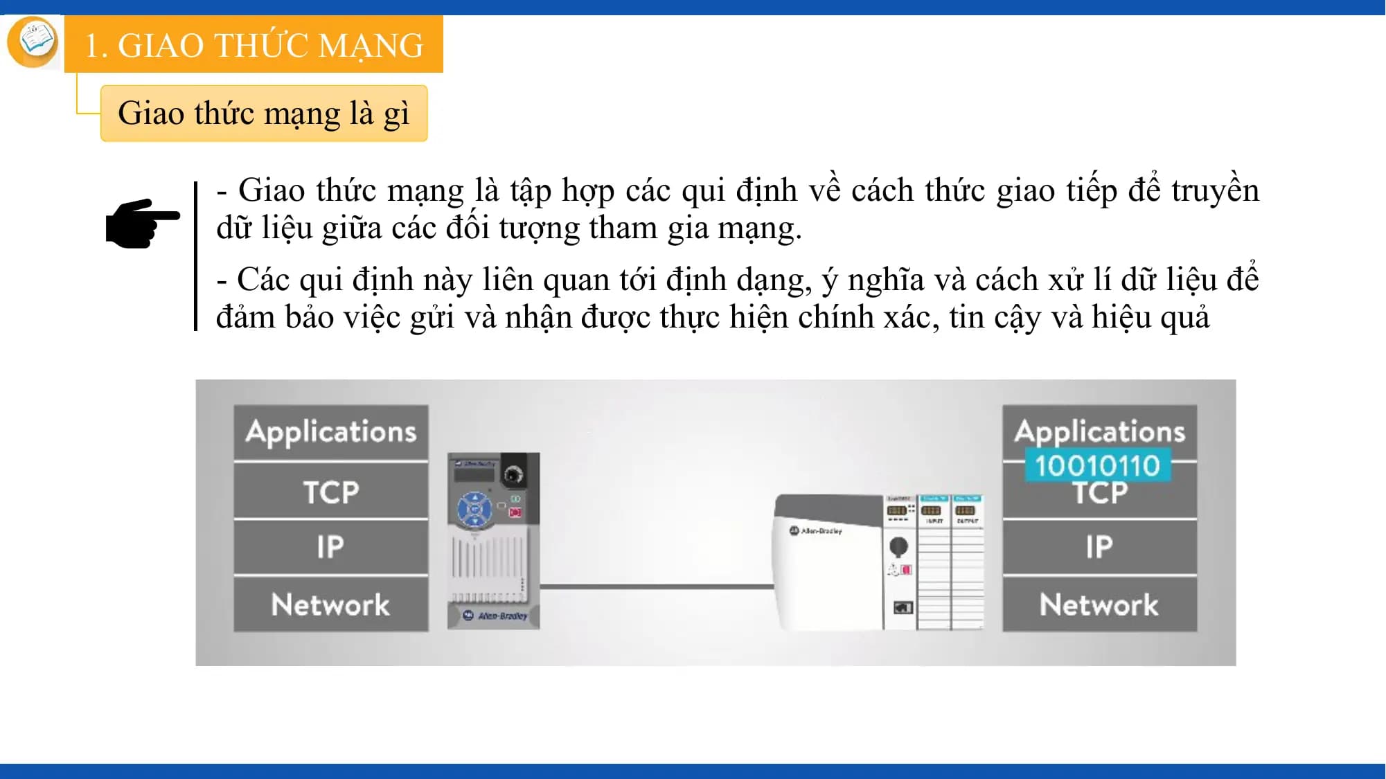1. GIAO THỨC MẠNG
 Giao thức mạng là gì

 - Giao thức mạng là tập hợp các qui định về cách thức giao tiếp để truyền
 dữ liệu giữa các đối tượng tham gia mạng.
 - Các qui định này liên quan tới định dạng, ý nghĩa và cách xử lí dữ liệu để
 đảm bảo việc gửi và nhận được thực hiện chính xác, tin cậy và hiệu quả