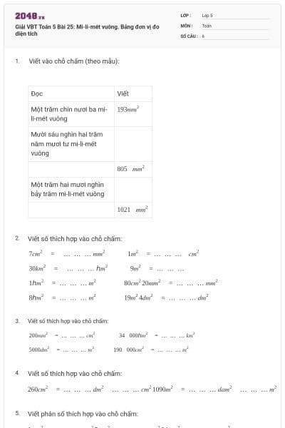 Giải VBT Toán 5 Bài 25: Mi-li-mét vuông. Bảng đơn vị đo diện tích