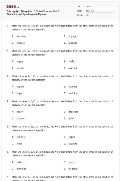 Trắc nghiệm Tiếng Anh 10 Global Success Unit 7 Phonetics and Speaking (có đáp án)