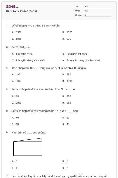 Đề thi học kì I Toán 3 (Đề 16)