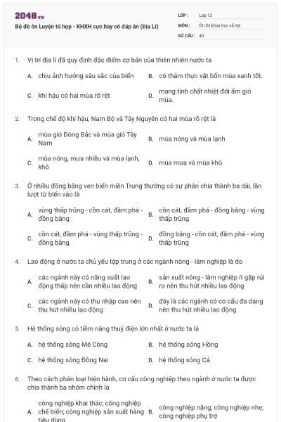 Bộ đề ôn Luyện tổ hợp - KHXH cực hay có đáp án (Địa Lí)