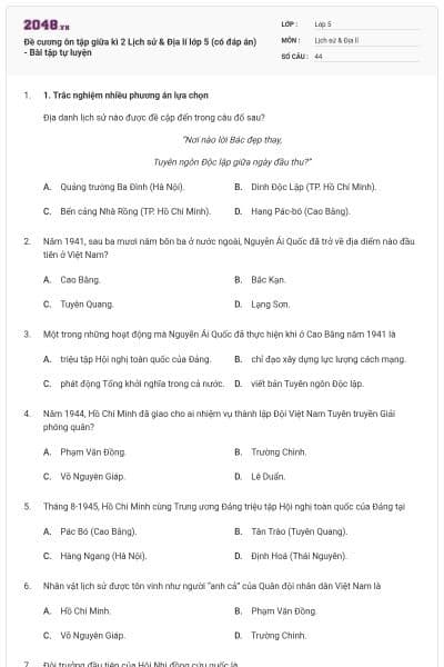 Đề cương ôn tập giữa kì 2 Lịch sử & Địa lí lớp 5 (có đáp án) - Bài tập tự luyện