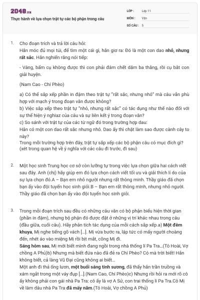 Thực hành về lựa chọn trật tự các bộ phận trong câu