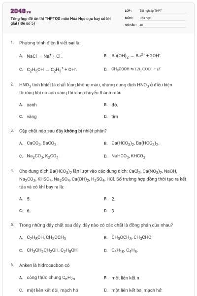 Tổng hợp đề ôn thi THPTQG môn Hóa Học cực hay có lời giải ( Đề số 5)