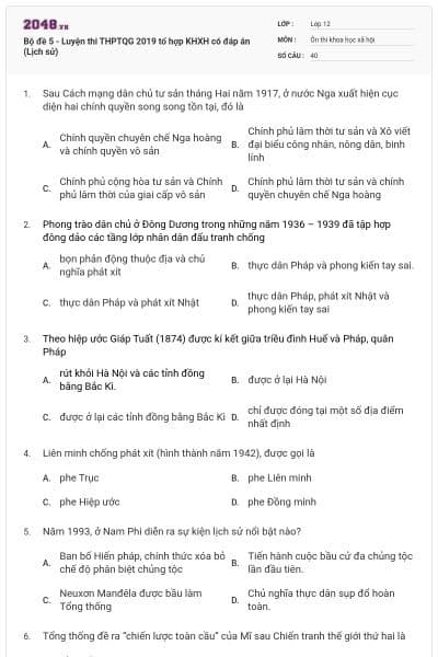 Bộ đề 5 - Luyện thi THPTQG 2019 tổ hợp KHXH có đáp án (Lịch sử)