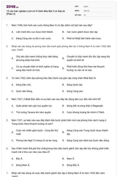 15 câu trắc nghiệm Lịch sử 9 Cánh diều Bài 3 có đáp án (Phần 3)