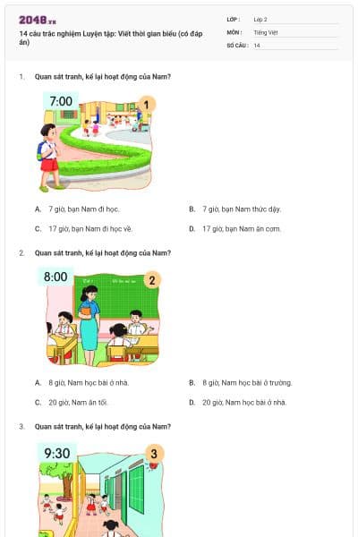 14 câu trắc nghiệm Luyện tập: Viết thời gian biểu (có đáp án)