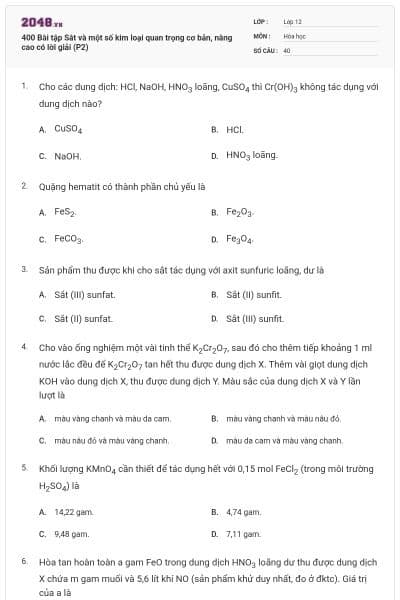 400 Bài tập Sắt và một số kim loại quan trọng cơ bản, nâng cao có lời giải (P2)