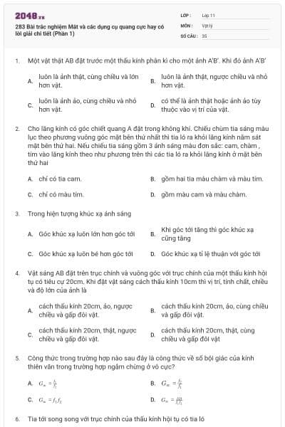 283 Bài trắc nghiệm Mắt và các dụng cụ quang cực hay có lời giải chi tiết (Phần 1)