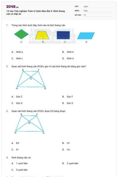 13 câu Trắc nghiệm Toán 6 Cánh diều Bài 4: Hình thang cân có đáp án