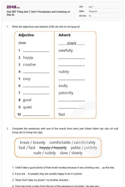 Giải SBT Tiếng Anh 7 Unit 4 Vocabulary and Listening có đáp án
