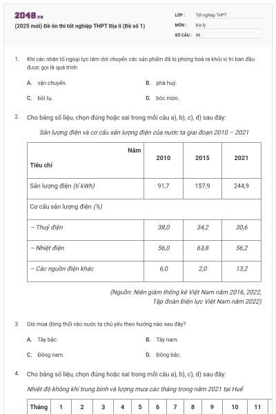 (2025 mới) Đề ôn thi tốt nghiệp THPT Địa lí (Đề số 1)