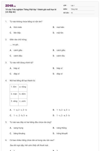 10 câu Trắc nghiệm Tiếng Việt lớp 1 Đánh giá cuối học kì (có đáp án)