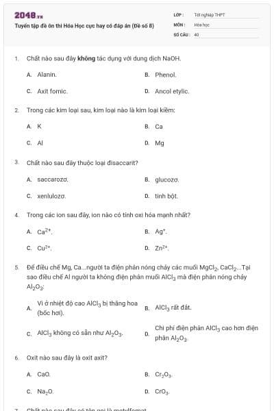 Tuyển tập đề ôn thi Hóa Học cực hay có đáp án (Đề số 8)