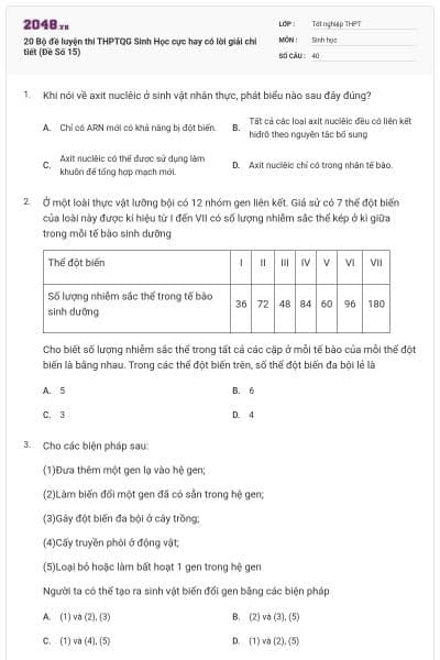 20 Bộ đề luyện thi THPTQG Sinh Học cực hay có lời giải chi tiết (Đề Số 15)
