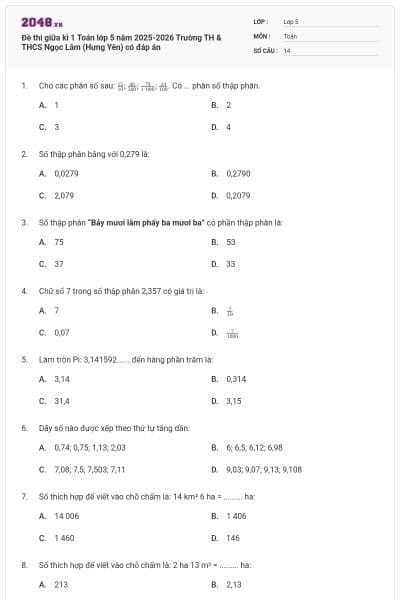 Đề thi giữa kì 1 Toán lớp 5 năm 2025-2026 Trường TH & THCS Ngọc Lâm (Hưng Yên) có đáp án
