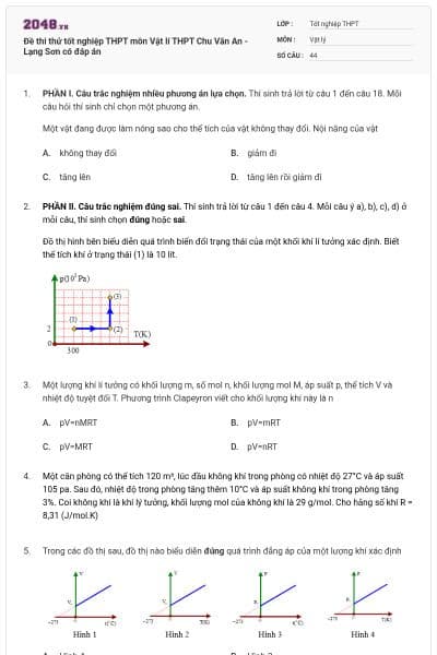 Đề thi thử tốt nghiệp THPT môn Vật lí THPT Chu Văn An - Lạng Sơn có đáp án