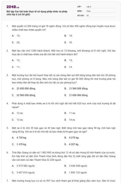 Bài tập Các bài toán thực tế sử dụng phép nhân và phép chia lớp 6 (có lời giải)