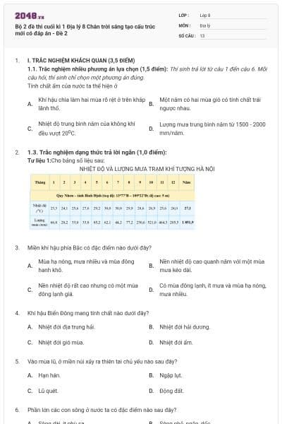 Bộ 2 đề thi cuối kì 1 Địa lý 8 Chân trời sáng tạo cấu trúc mới có đáp án - Đề 2