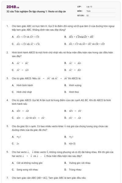 32 câu Trắc nghiệm Ôn tập chương 1: Vecto có đáp án