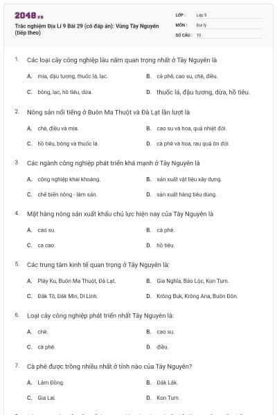 Trắc nghiệm Địa Lí 9 Bài 29 (có đáp án): Vùng Tây Nguyên (tiếp theo)