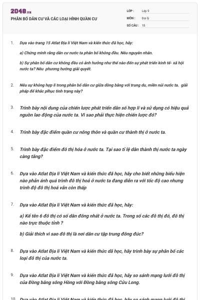 PHÂN BỐ DÂN CƯ VÀ CÁC LOẠI HÌNH QUẦN CƯ