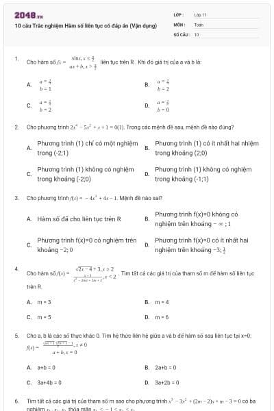 10 câu Trắc nghiệm Hàm số liên tục có đáp án (Vận dụng)
