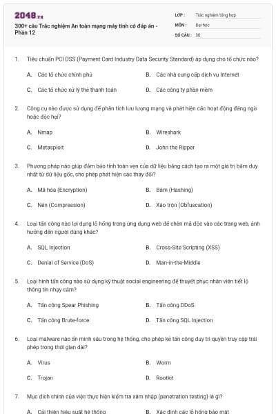 300+ câu Trắc nghiệm An toàn mạng máy tính có đáp án - Phần 12