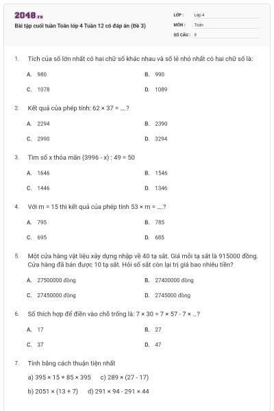 Bài tập cuối tuần Toán lớp 4 Tuần 12 có đáp án (Đề 3)