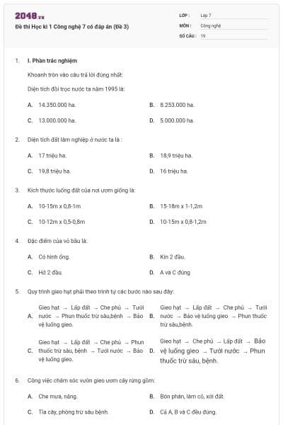Đề thi Học kì 1 Công nghệ 7 có đáp án (Đề 3)