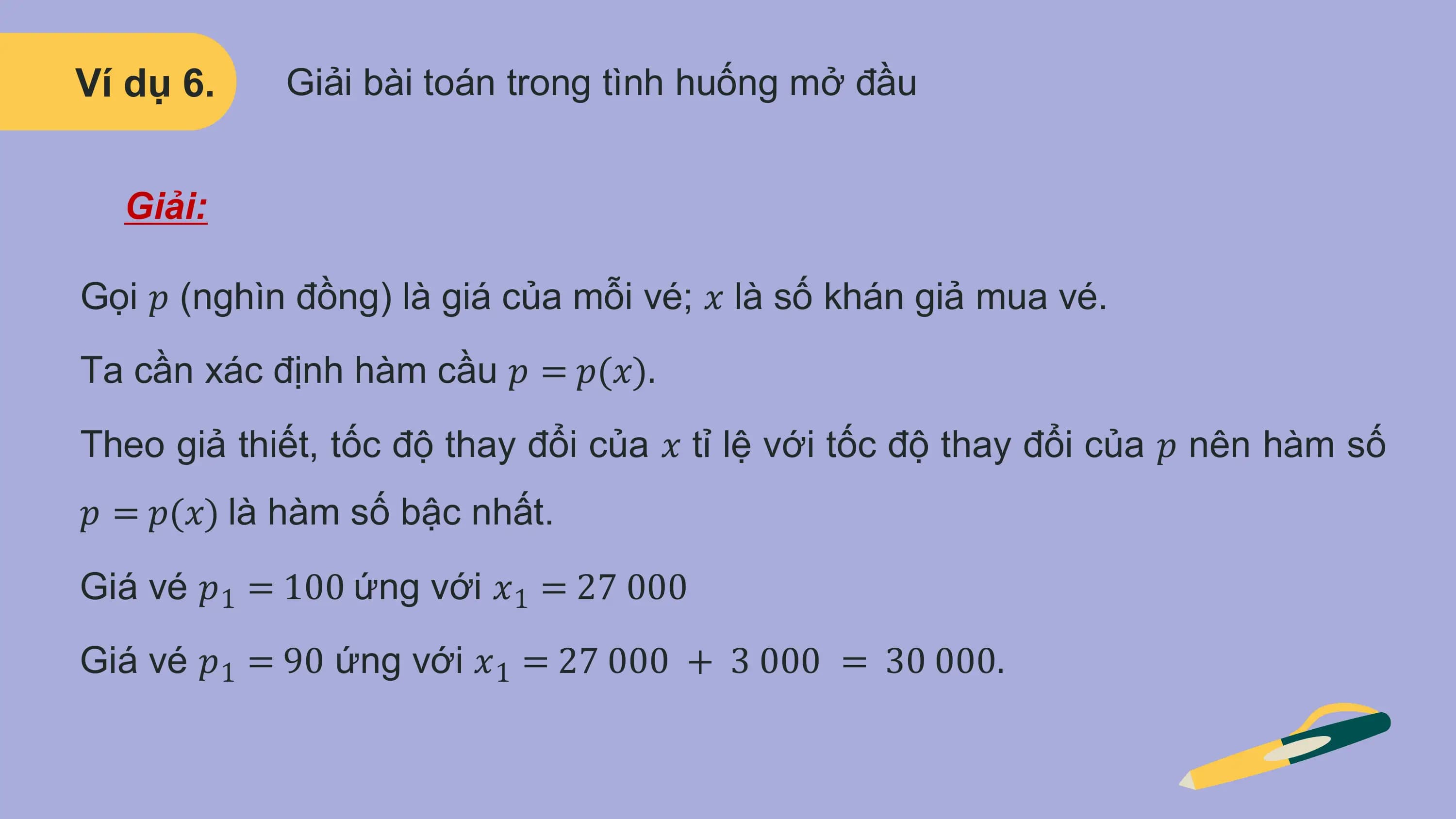 Ví dụ 6. Giải bài toán trong tình huống mở đầu

 Giải:

Gọi 𝑝 (nghìn đồng) là giá của mỗi vé; 𝑥 là số khán giả mua vé.
Ta cần xác định hàm cầu 𝑝 = 𝑝(𝑥).
Theo giả thiết, tốc độ thay đổi của 𝑥 tỉ lệ với tốc độ thay đổi của 𝑝 nên hàm số
𝑝 = 𝑝(𝑥) là hàm số bậc nhất.
Giá vé 𝑝1 = 100 ứng với 𝑥1 = 27 000
Giá vé 𝑝1 = 90 ứng với 𝑥1 = 27 000 + 3 000 = 30 000.