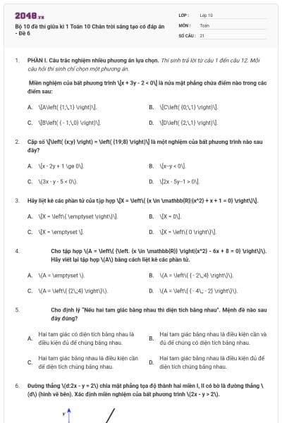 Bộ 10 đề thi giữa kì 1 Toán 10 Chân trời sáng tạo có đáp án - Đề 6