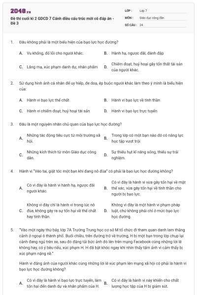 Đề thi cuối kì 2 GDCD 7 Cánh diều cấu trúc mới có đáp án - Đề 3