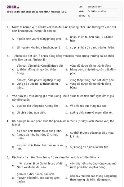 10 đề thi thi thpt quốc gia tổ hợp KHXH môn Địa (Đề 2)