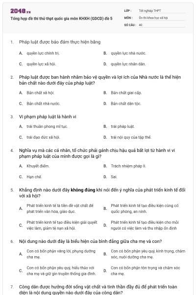 Tổng hợp đề thi thử thpt quốc gia môn KHXH (GDCD) đề 5