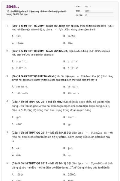 15 câu Bài tập Mạch điện xoay chiều chỉ có một phần tử trong đề thi Đại học