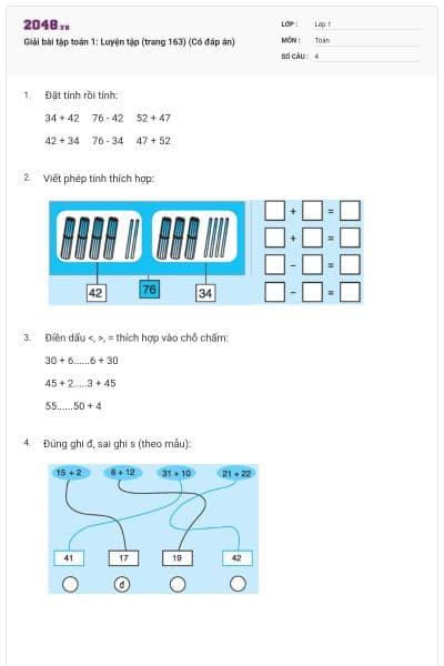 Giải bài tập toán 1: Luyện tập (trang 163) (Có đáp án)
