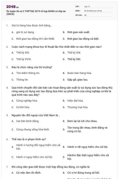Ôn luyện đề số 2 THPTQG 2019 tổ hợp KHXH có đáp án (GDCD)