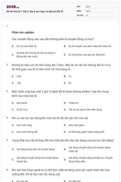 Đề thi Học kì 1 Vật Lí lớp 8 cực hay, có đáp án (Đề 9)