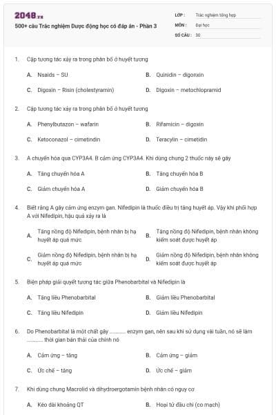 500+ câu Trắc nghiệm Dược động học có đáp án - Phần 3
