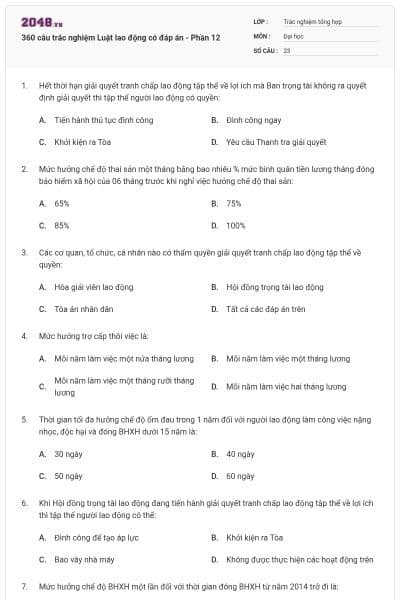 360 câu trắc nghiệm Luật lao động có đáp án - Phần 12